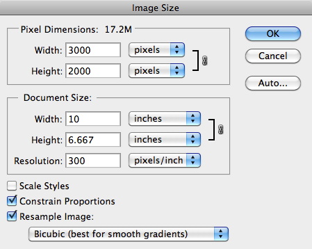 open image size dialog box in Photoshop